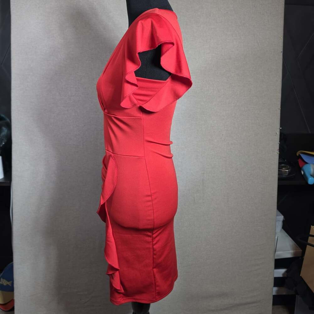 Red Midi Dress Ruched V-Neck Ruffle Sleeve Bodycon Stretch Pullover Sz S - Picture 10 of 11